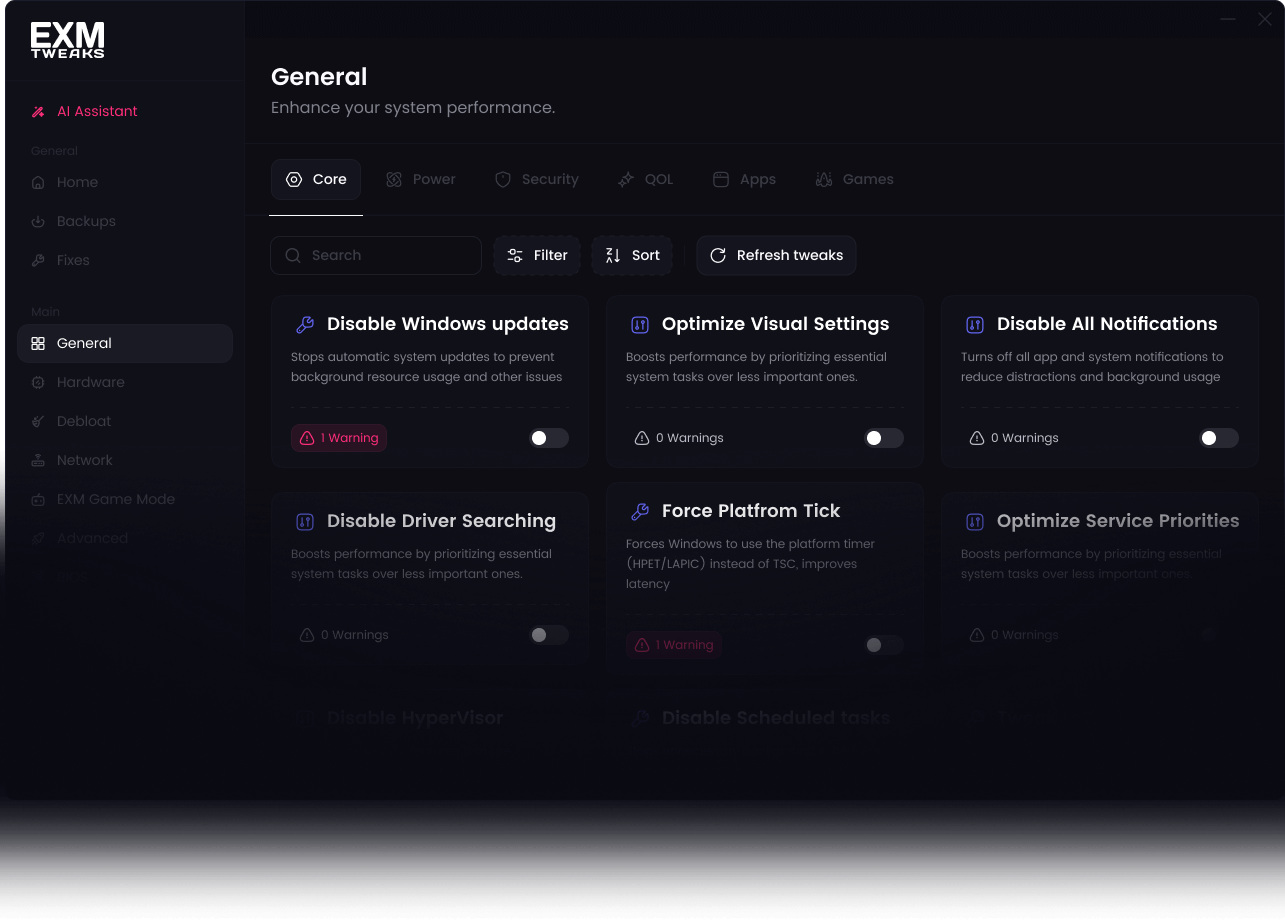 EXM Tweaks download page preview showing available versions and system requirements